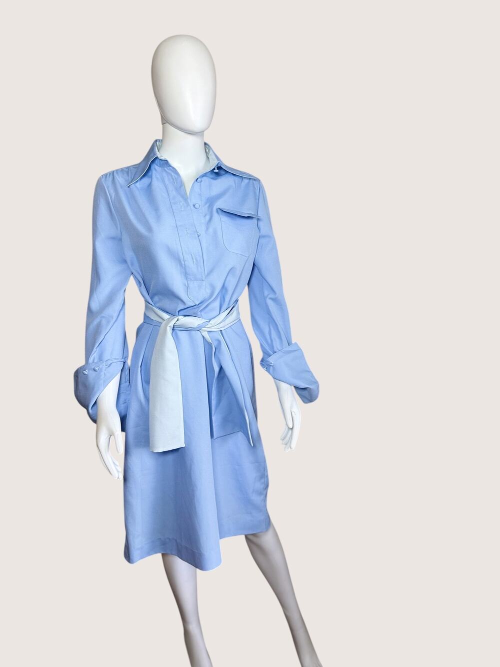Light Blue Belted Long Sleeve Shirt Dress